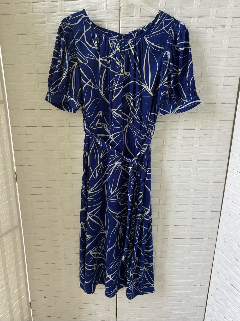 Dkny‎ Size 10 Royal Blue Print Tie-Waist Midi Dress Short Sleeve Career Church
